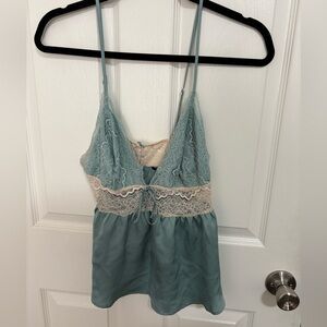 Victoria's Secret Sage Green Satin & Cream Lace Trim Cami Top